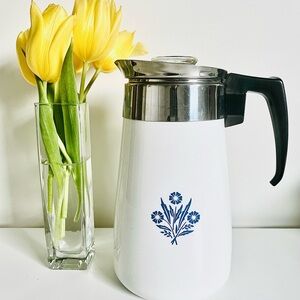 Vintage  CorningWare 9 Cup White and Blue Floral Insulated Coffee Percolator